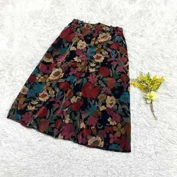 빈티지 플레어 스커트 미디 꽃무늬 스웨이드 허리밴딩 일본제