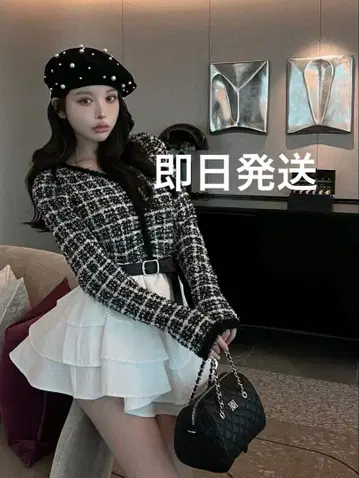 darich 볼륨 프릴 트위드 니트 미니 원피스