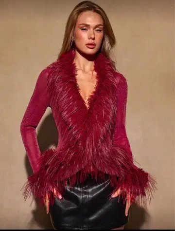 프린지 장식 버건디 긴팔 가디건