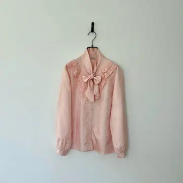 일본제 빈티지 레이스 보타이 블라우스 프릴 핑크 새틴 포멀