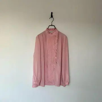 빈티지 프릴 칼라 블라우스 새틴 핑크 도트 포멀 레트로 L