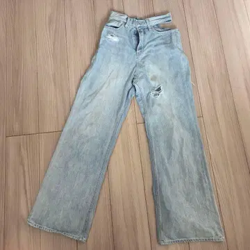 EVRIS 오픈 허리 와이드 데님 팬츠