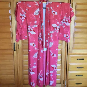 이중 기모노 [순수 실크] [중후리소데] [앤티크] 핑크 부채 꽃무늬
