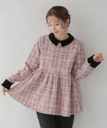 트위드 벨로아 칼라 페플럼 상의 (핑크)