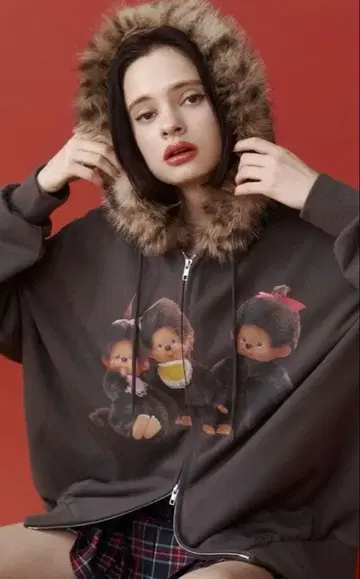 monchhichi x jouetie 퍼 도킹 ZIP 후디 블랙