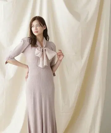 리본 포함 니트 롱 원피스