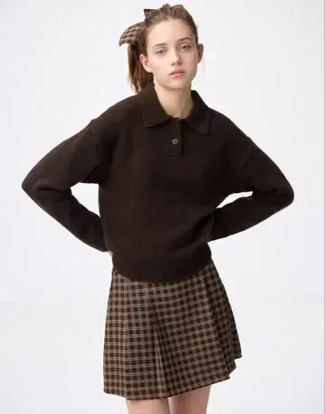 지유 퍼프 니트 피케 셔츠 다크 브라운 M 사이즈