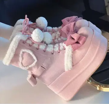 핑크 통굽 부츠 리본 폼폼 포함 23cm