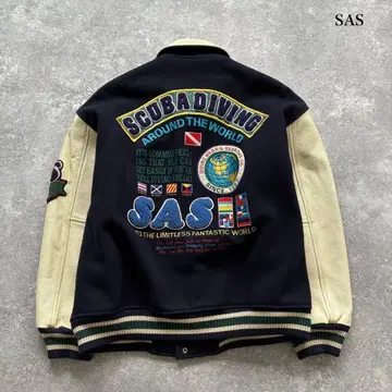 [ SAS ] 90s 바시티 자켓 스타디움 점퍼 빈티지 소매 가죽 네이비