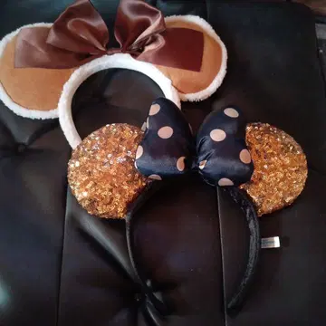 디즈니 미니 화이트 보아 브라운 리본 머리띠 골드 블랙 도트 머리띠 세트