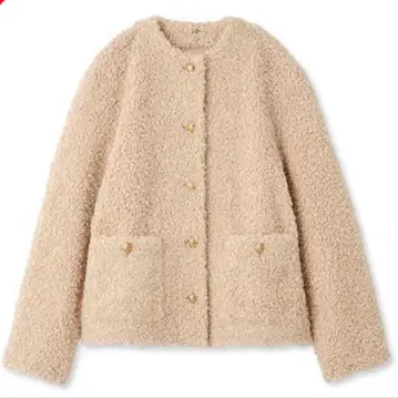 미라 오웬 금장 버튼 노카라 컴팩트 보아 자켓