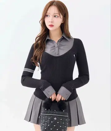 andwang 유니폼 플리츠 미니 원피스 블랙