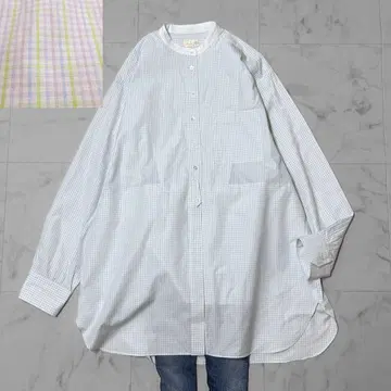 새상품급 드로어 멀티 컬러 체크 밴드 카라 롱 셔츠 튜닉