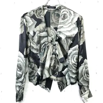 NOVESPAZIO 구제 의류 장미 패턴 리본 타이 데콜테 트임 블라우스