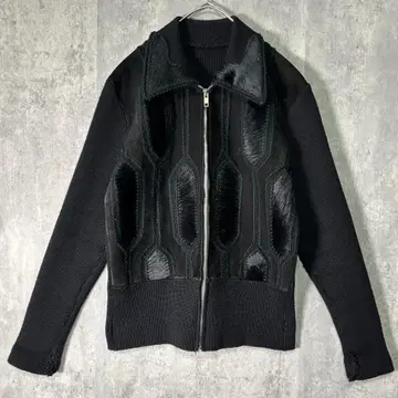 가죽 퍼 니트 절개 자켓 블랙 패치워크