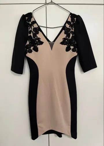 V넥 레이스 장식 타이트 드레스 베이지