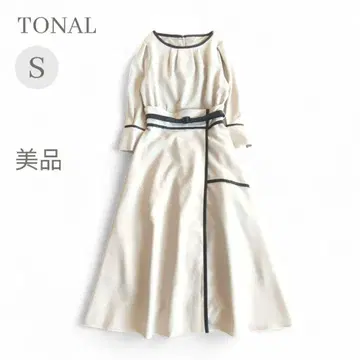 새상품급 TONAL 토널 롱 원피스 S 베이지 7부 소매 플레어 무지