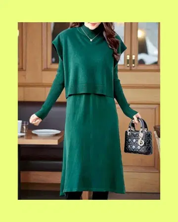 니트 미디 원피스 & 베스트 셋업 그린