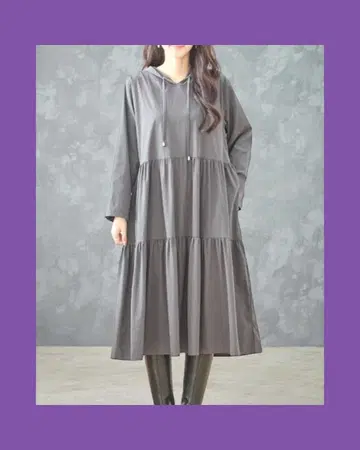 후드 부착 티어드 릴랙스 원피스 차콜