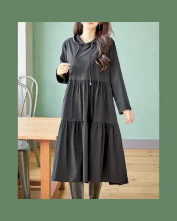 후드 부착 티어드 릴랙스 원피스 블랙