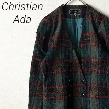 Christian Ada 노카라 자켓 체크 무늬 모 100% 레트로
