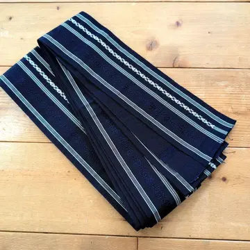남성용 오비 치쿠젠 원조 하카타오리 네이비 x 화이트 헌상 패턴