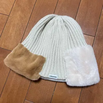 CONVERSE 니트 모자 비니 화이트/브라운 퍼