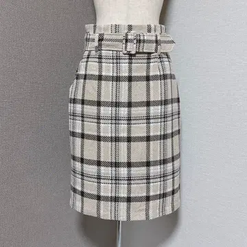 미슈마슈 체크 트위드 벨트 타이트 미디 스커트 베이지