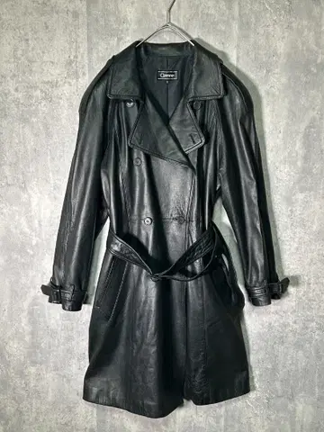고급 일본제 양가죽 레더 트렌치코트 블랙 벨트 어깨 패드 없음