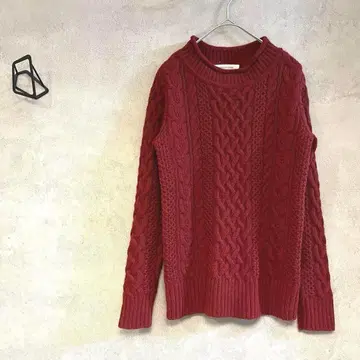빔즈 알파카 울 혼방 케이블 니트 빨간색 스웨터 긴팔 크루넥