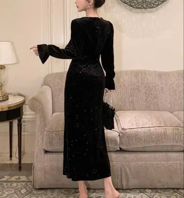 스팽글 장식 블랙 벨벳 드레스 S/M