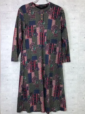 레트로 걸리시 구제 의류 장미 올 패턴 헨리넥 티셔츠 원피스