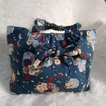 핑크하우스 플라워 프린트 리본 레이스 거울 포함 토트백