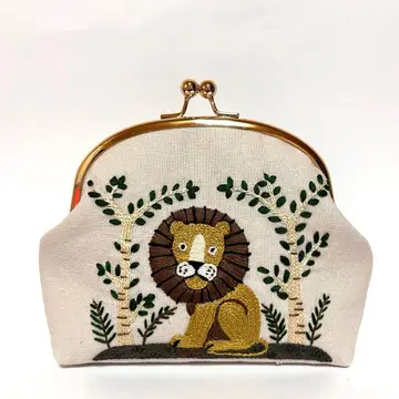자수 사자와 원숭이 가마구치 파우치 핸드메이드