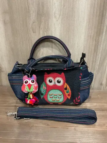올빼미 자수 데님 숄더백