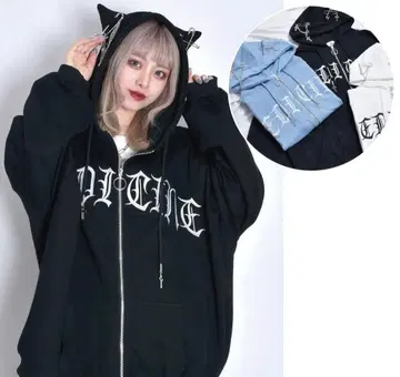 VOLCAN& APHRODITE 고양이 귀 로고 ZIP 후드티 블랙