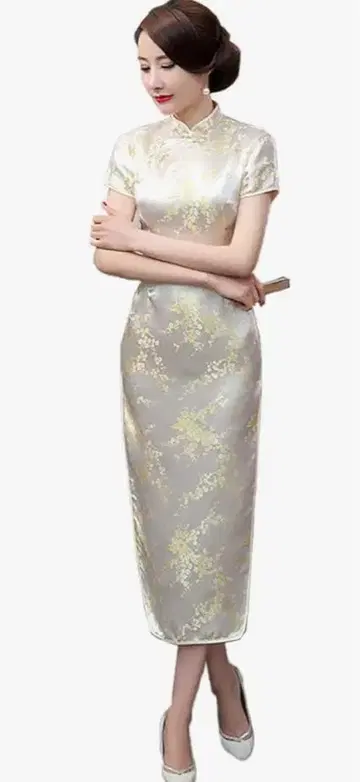 꽃무늬 크림색 새틴 차이나 드레스