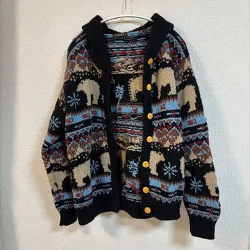 노르딕 무늬 울 100% 후드 부착 니트 가디건 우드 버튼