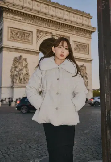 Her lip to Gold-Button Tweed Down Jacket