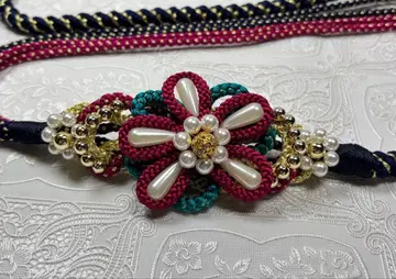 미사용 b-161 순수 실크 허리띠 후리소데 성인식 펄 꽃 장식