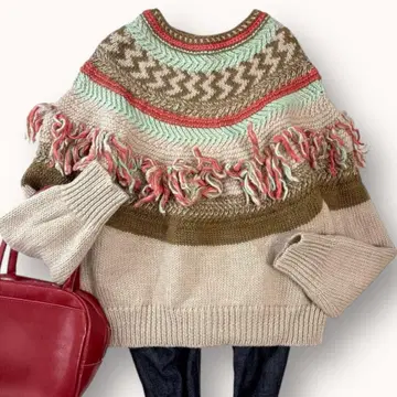 새상품급 비어즐리 울 자카드 프린지 니트 베이지 그린 오렌지