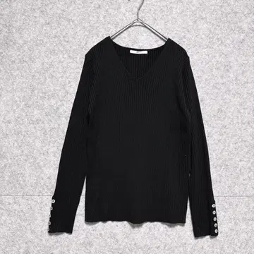 [렐비에] 쉘 커프스 단추 V넥 리브 니트 (F) 심플 블랙