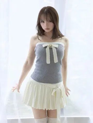 [ 새상품 ] 앙드마리 Bicolor ribbon tops white