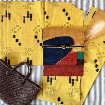 츠무기 기모노 이중 기모노 옐로우 컬러 류큐 카스리 순수 실크