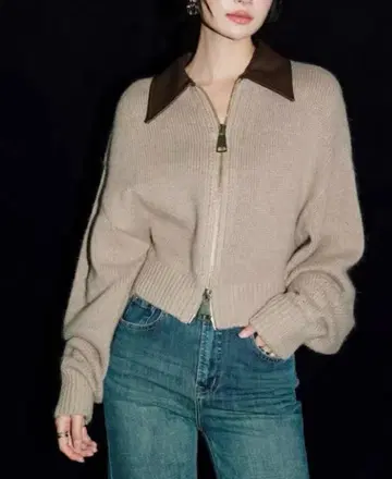 옷깃 니트 스웨터 후드티 인조 가죽 베이지