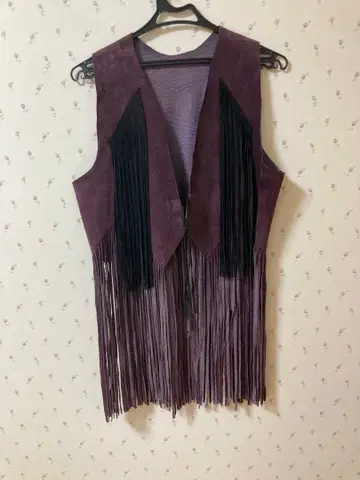 빈티지 다크 퍼플 프린지 스웨이드 베스트