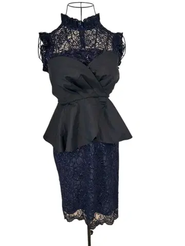 르네 네이비 레이스 페플럼 드레스