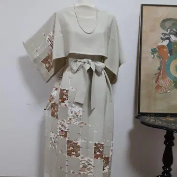 리메이크 기모노 롱 원피스 볼레로 세트 L 순수 실크