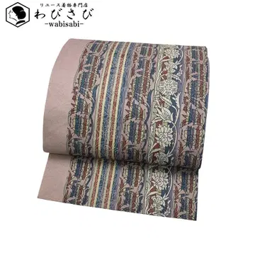 교토 후쿠로 오비 세로 패턴 꽃+덩굴 무늬 나니와 쥐색 O-5529