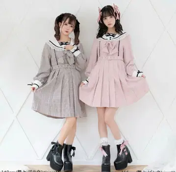 DearMyLove 레이스 리본 학원 세일러 원피스 무릎 기장 브라운